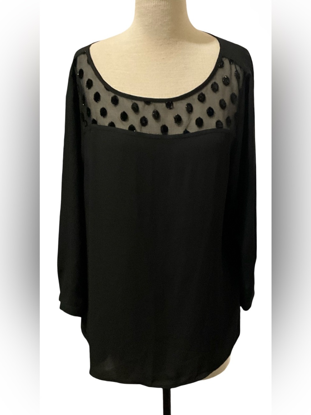 LOFT Black Swiss Dot Sheer Yoke Blouse Women’s XL Long Sleeve Keyhole Top